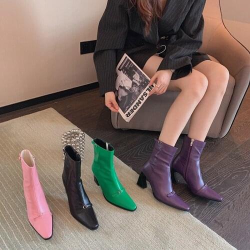 Candy Color Women Ankle Boots Round Toe Short Ankle Booties Side Zipper Thick High Heels Pumps Winter Party Shoes Size 35-39