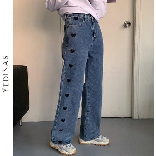 Yedinas Women Jeans 2021 Heart Embroidery Streetwear High Waist Wide Leg Long Pants Vintage Casual Baggy Straight Denim Trouser