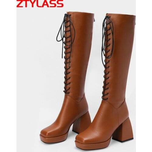 Black White Brown Autumn Winter Women Boots Fashion Zipper Square Toe Knee High Boots Ladies Thick High Heel Platform Shoes