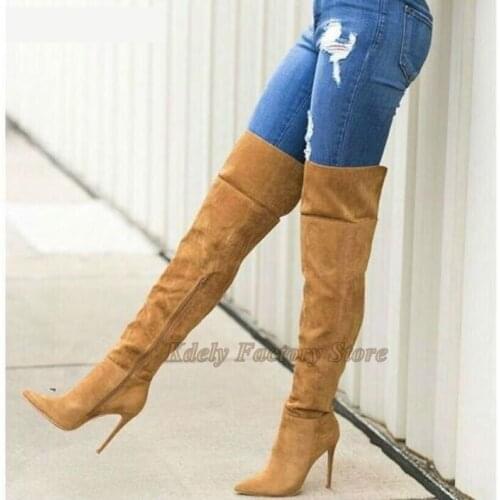 Yellow Suede Leather Luxury Over The Knee Long Boots Thin High Heel Shoes Women Gladiator Fashion Boot Plus Size