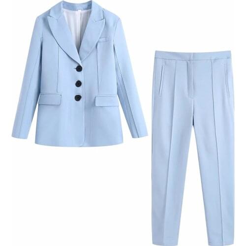 Women Fashion Slim Blue V-Neck Office Lady Suit Female Single Breasted Blazer Suits Ladies Vintage Two Pieces Set