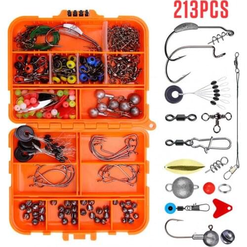 213pcs Texas Fishing Kit Including Crank Hook Weights Snaps Rolling Swivel Connector Bass Perch Sea Rock Fishing Tackle Box