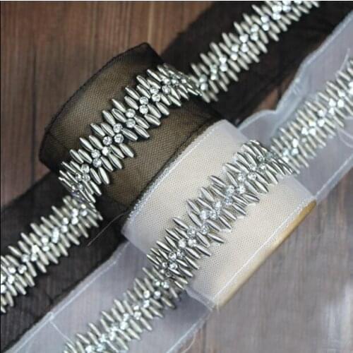 2yd Silver Beaded Rhinestone Lace Trim Ribbon Black White Mesh Lace Fabric Applique DIY Sewing Clothes Wedding Dress Accessories