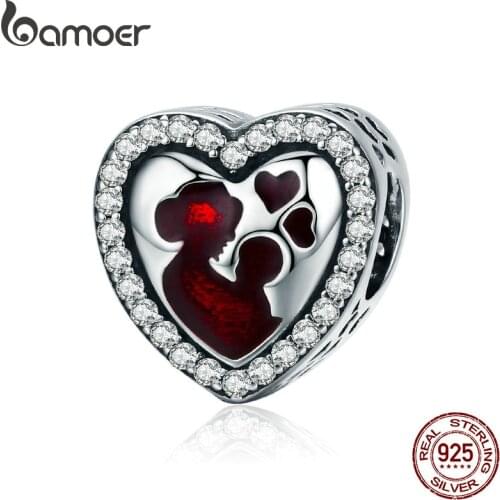 BAMOER 100% 925 Sterling Silver Great Mothers Love Heart Engrave Charm Beads fit Bracelet & Necklace Jewelry Mother Gift SCC634