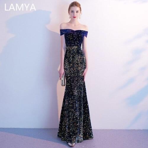 LAMYA Elegant Mermaid Evening Dress Evening Gowns for Women with Sequined Prom Dress Long 2021 Boat Neck Formal Sleeveless Tulle