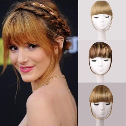 Clip In Bangs Front Blunts Fringe Wig Natural Synthetic Fake Hair Extensions Hairpieces Ombre Brown For Women