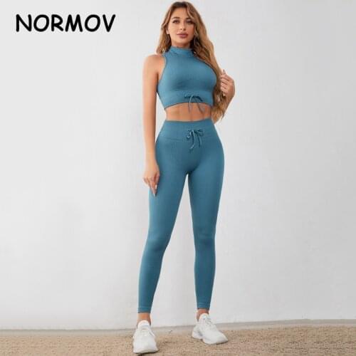 NORMOV 3 Piece Seamless Sport Sets Womens Workout Clothes Sportswear Set Gym Legging Sexy Fitness Bra Crop Top Long Sleeve Suit