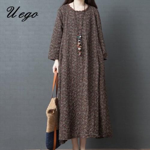 2021 New Arrival Long Sleeve Spring Dress Print Floral Linen Cotton Loose Vintage Dress Plus Size Women Autumn Casual Midi Dress