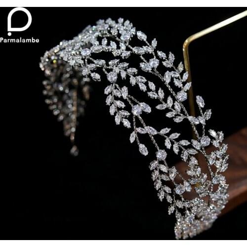 Parmalanbe Fashion CZ Crown Wedding Tiaras Crystal Headband Elegant Headwear Prom Hair Accessories Bridal Crowns CZ Jewelry