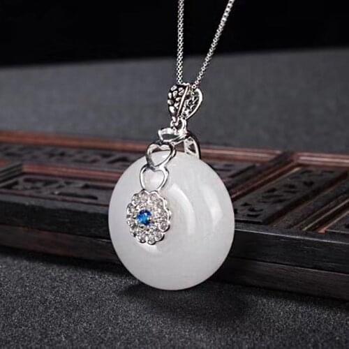 QIANXU Natural White Jade Necklace Pendant Circle Pendant Womens Jewelry Blessing Jewelry