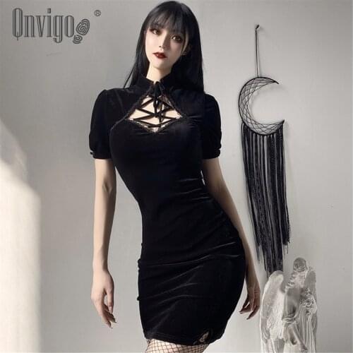 Qnvigo Gothic Cheongsam Dress VintageDark Sexy Modified Female Retro Pentagram Lace Suede High Waist Slim Black Dress 2021 New
