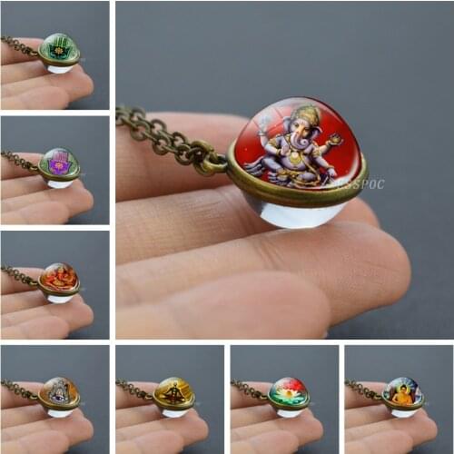 Hamsa Hand Necklace Indian Buddha Ganesha Art Glass Ball Double Side Pendant Necklace Indian Spiritual Jewelry