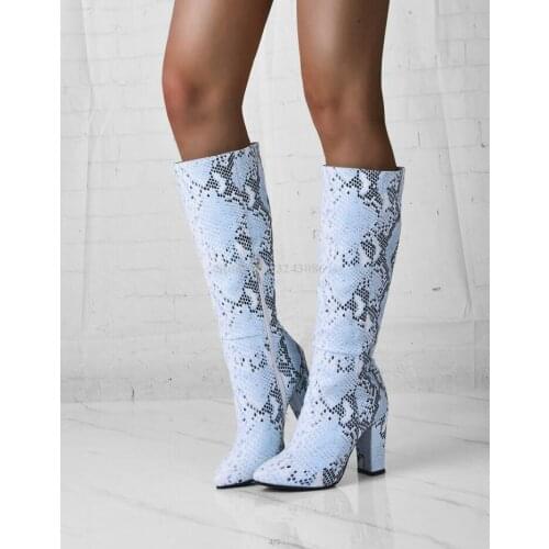 Printed Python Leather Chunky Heel Knee High Boots Woman Sexy Pointed Toe Thick Heel Long Boots Lady Fashion Large Size Boots