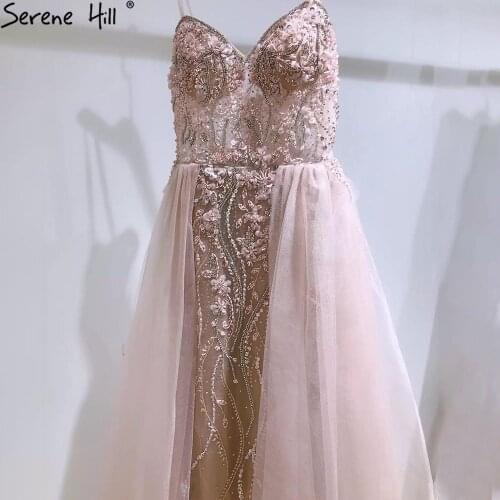 Serene Hill Pink Luxury Beaded Evening Gown 2021 Sexy Spaghetti Straps Mermaid With Overskirt Formal Party Dress CLA71216