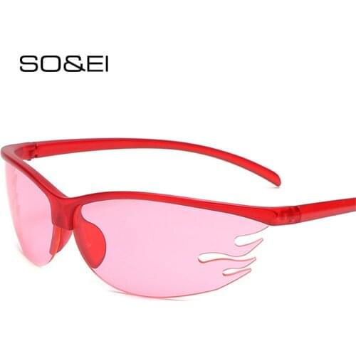 SO&EI Fashion Semi-Rimless Flame Shape Sunglasses Women Retro Candy Color Eyewear Men Outdoor Sports Driving Goggle Shades UV400