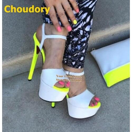 Choudory Neon Yellow Thin High Heels White Platform Buckle Strap Sandals Open Toe Color Patchwork Summer Dress Shoes Size47