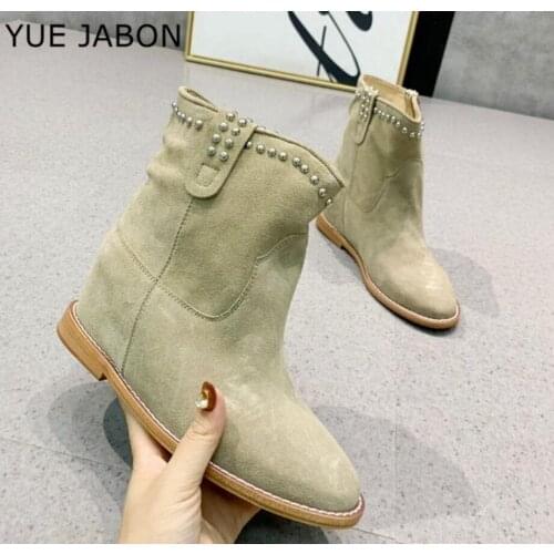 Rivets Ankle Boots Women Cow Leather Slip On Round Toe Lady Booties Autumn Winter Flat Heel/Height Increasing Shoes Retro Style