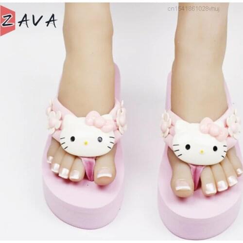Kawaii Cartoon Summer 2021 Fashion Womens Leisure Shoes Wedge Flip Flop High Heels Slippers Hello A Kittyed Slippers Ladies Y2k