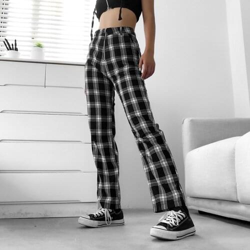 Blue Plaid Straight Pants Women Harajuku Skinny Checkered Womens Trousers Streetwear High Waist Pants Sweatpants Femme 2020 New