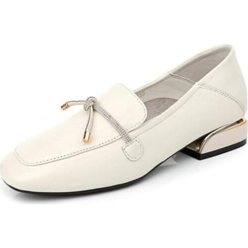 2020 New Spring Square Head Rhinestone Bow Low-heel Shoes Women Genuine Leather Shoes Elegant Charm Fashion Shoes Large Size 43