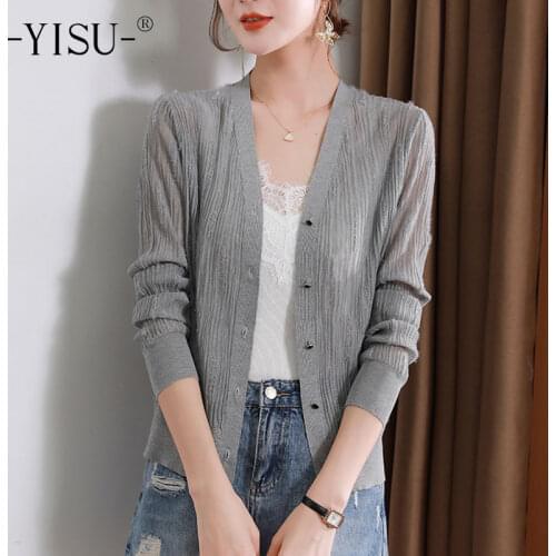 YISU 2021 New Loose Women Cardigan V-Neck Cardigan Coat Solid color Short sleeve Sweater Summer Top Thin Casual Knitted Coat
