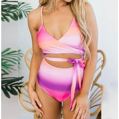 Womens Gradient Color One-piece Swimsuit Hollowed Lace Up Monokini Female High Waist Swimwear Sexy Beachwear Brazilian Bikini
