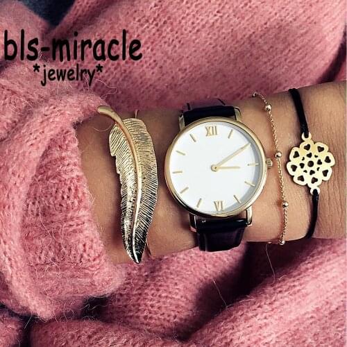 Bls-miracle Vintage Gold Color Top Newest Fashion Accessories Bead Chain& Leaf Bracelet Set For Women Girl BA-203
