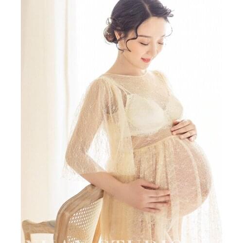 Women Photography Props Lace Perspective Maternity Dresses Luxury Short Sleeve Pregnancy Dress Studio Shoot Clothes Photo Props