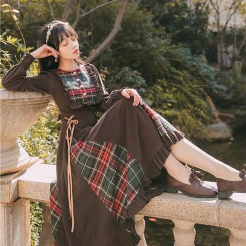 Women Corduroy Plaid Dresses Cottagecore Summer Spring High Waist Ruffles Dress 2021 Woman Vintage Clothes New Brown Streetwear