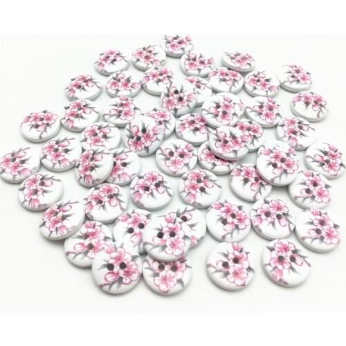 100pcs 15mm Wood Buttons Pink Flower Painted 2 Holes Round Sewing Button Embellishments Floral DIY Crafts Wholesale