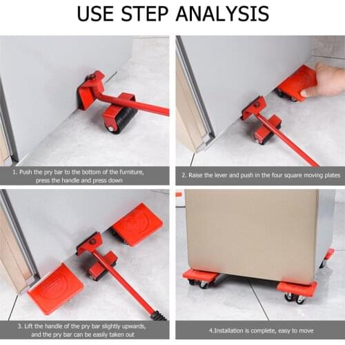 5pcs Furniture Mover Tool Set Furniture Transport Lifter Heavy Stuffs Moving Tool 4 Wheeled Mover Roller+1 Wheel Bar Hand Tools