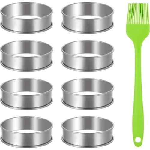 8 Pcs Muffin Tart Rings,Stainless Steel Double Rolled Tart Ring Round Ring Mold with Oil Brush for Home Food Making Tool