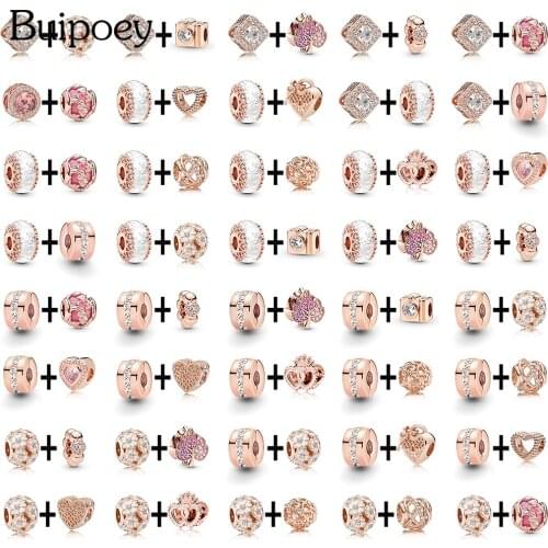 Buipoey White Round Crystal Beads Rose Gold Clip Charm Fit Original Girls Bracelets & Necklace Diy Women Jewelry Accessories