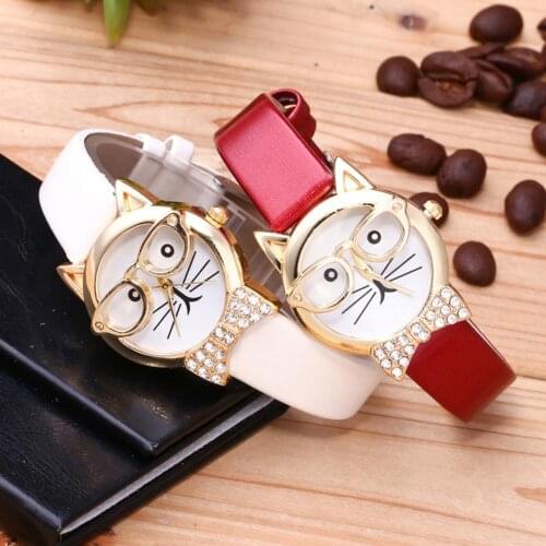 Cute Cat Face Round Dial Rhinestone Faux Leather Wristwatch Women Analog Quartz Wrist Watch Female Ladies Clock Birthday Gift