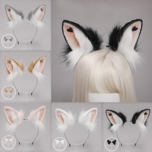 Lolita Headbands Furry Rabbit Cat Ears Headwear with Heart Kawaii Animal Hair Hoop for Cosplay Headpiece Party Supplies