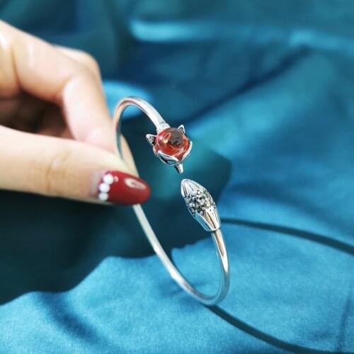 GorGor Bangles Women 925 Sterling Pattern Red Fox Mosaic Garnet Exquisite Elegant Ethnic Style Fashion Statement Jewelry SL046