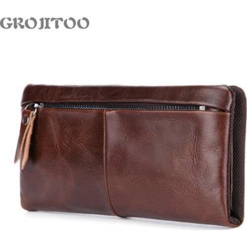 GROJITOO Hot Sale Leather Men Wallet Business Leisure Long Handbag Multi Card Cowhide Wallet Bag Long Clutch Handy Card Holder