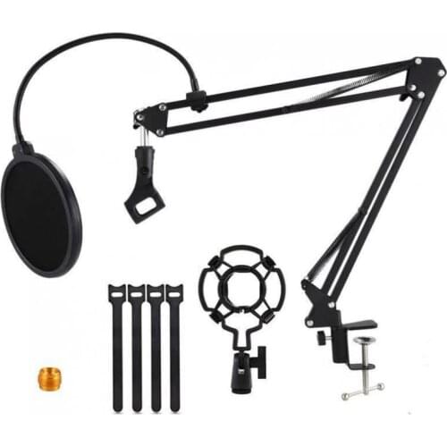 Multifunction Shockproof Microphone Holder Bracket with Double Layer Microphone Pop Filter and Table Clip Microphone Clip