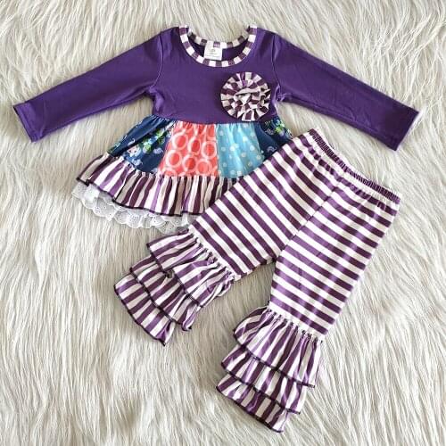 Fashion fall children long sleeve outfit girl stitching top and ruffle pants 2pcs baby girls party outfit