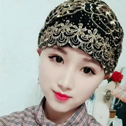 Fashion Female Headscarf Bonnet Muslim Hijab Turban Cancer Chemo Hat Beanie Embroidery Turban Cap for Women Beading Head Wraps