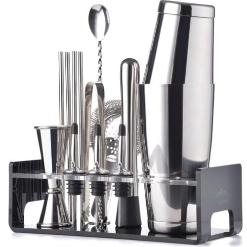 Greenhill Premium Barware Set, 15 Pieces including Shaker, Jigger, Ice Tong, Strainer, Pourer, Muddler, Straw, Spoon & Holder
