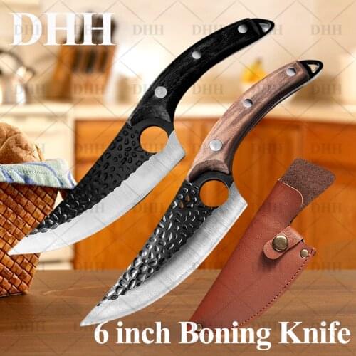 6 inch Damask Stainless Steel Kitchen Knives Set Forged Meat Cleaver Knife Forged Boning Knife Professional Handmade with Sheath
