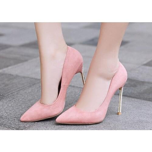 Newest Women Pearl Embellished Blade Heels Bridal Pumps Female Pointed Toe Slip-On Metal Heel Suede Wedding Dress Shoes