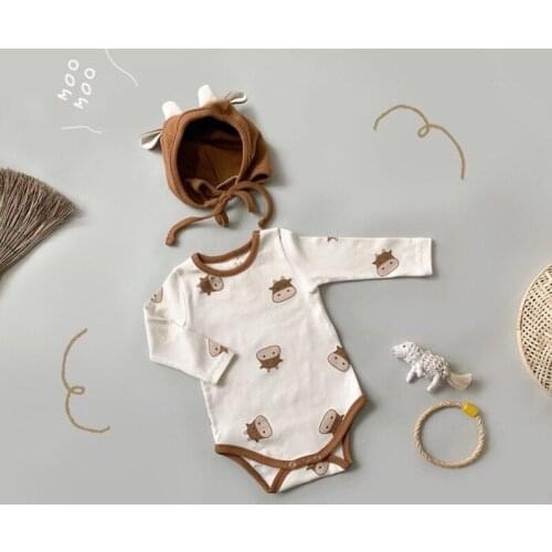 Baby Clothes Baby Romper Cotton Soft 2pcs Cute Cartoon Calf Long Sleeve Baby Pajama Romper+hat Fall Spring Baby Jumpsuit 0-18M