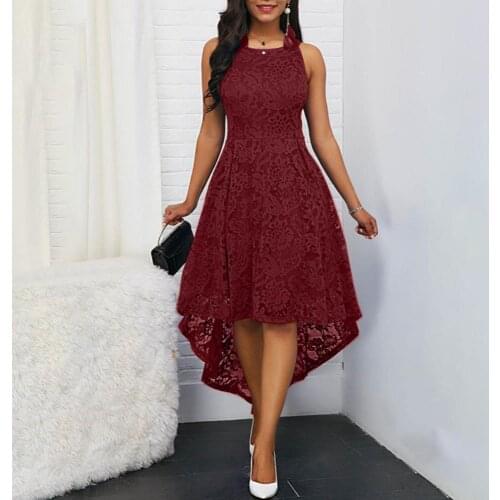 Dresses For lady Party Women Solid Color Lace Round Neck Sleeveless Irregular Hem Wedding Midi Dress vestidos de fiesta de noche