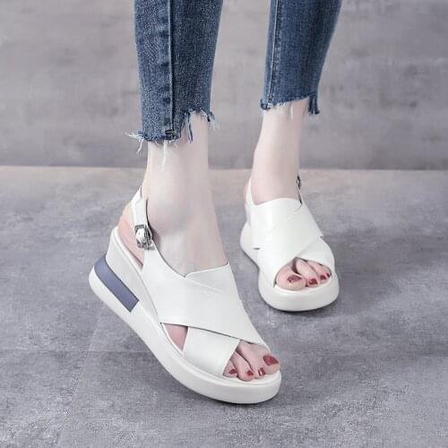 Thick-soled Wedge Sandals Women 2021 New Summer Leather High-heeled Fish Mouth Womens Shoes Leather Increased Platform Shoes