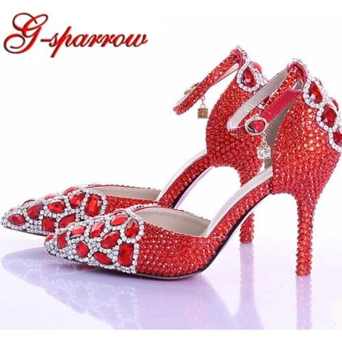 Red Rhinestone Crystal Wedding Shoes Pointed Toe Bridal High Heel Shoes with Ankle Strap Women Pumps Wedding Party Prom Shoes