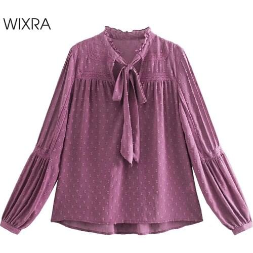Wixra Ruffles Purple Lace Up Blouse Womens Full Sleeve Hollow Out Street Style Clothing 2021 Spring Summer