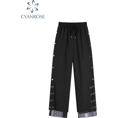 Womens Long Pants Gothic Punk Style 2021 Autumn Dark Color High Wiast Streetwear Design Patchwork Printed Y2k Wide Leg Trouser