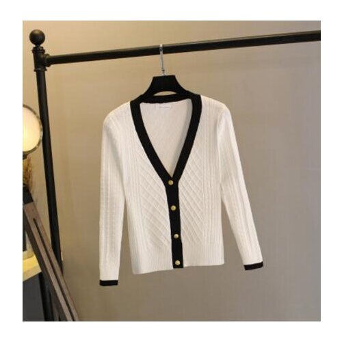 New design womens V neck long sleeve black white color block bodycon knitted single breasted sweater cardigan short plaid coat